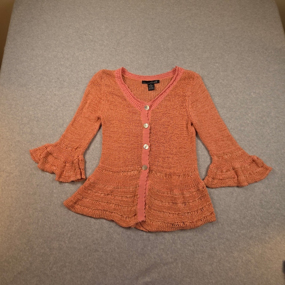 Willi Smith Salmon Orange Knit Cardigan Bell Sleeve Ruffle Cottagecore Small